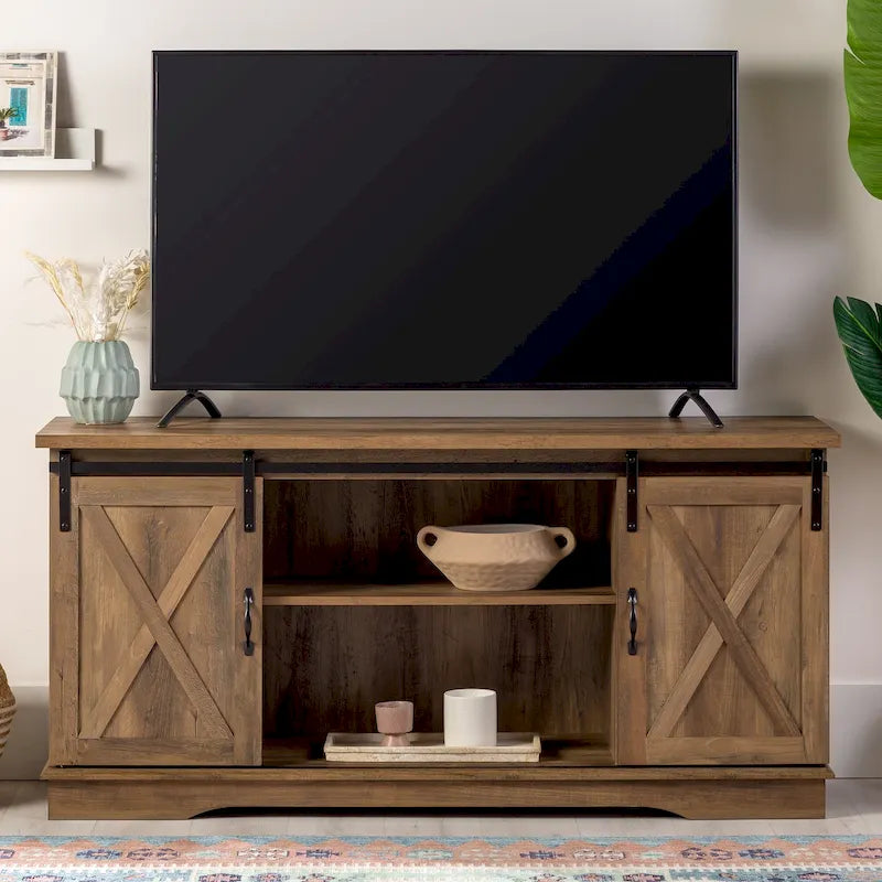 Meuble TV avec porte coulissante style grange de 58 pouces