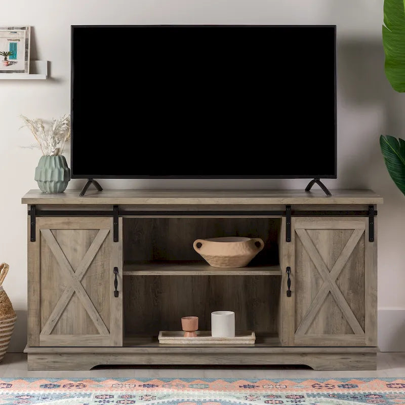 Meuble TV avec porte coulissante style grange de 58 pouces