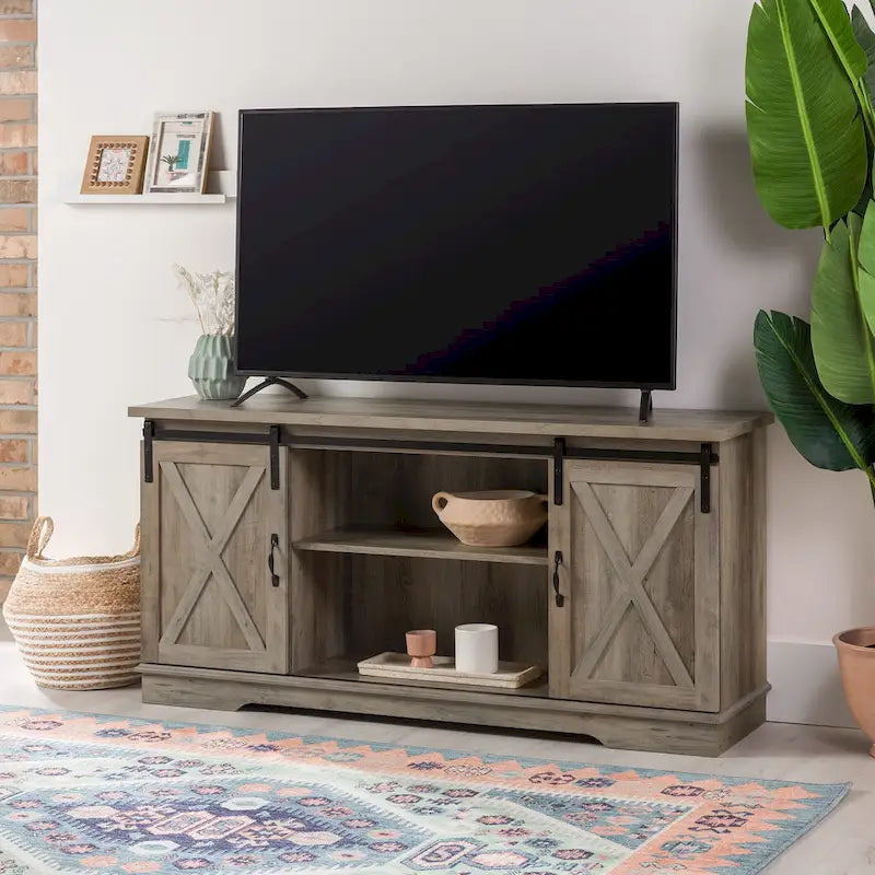 Meuble TV avec porte coulissante style grange de 58 pouces