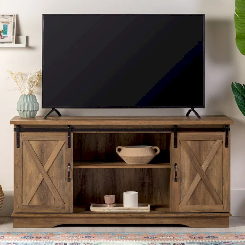 Meuble TV avec porte coulissante style grange de 58 pouces