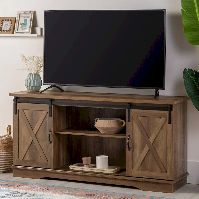 Meuble TV avec porte coulissante style grange de 58 pouces