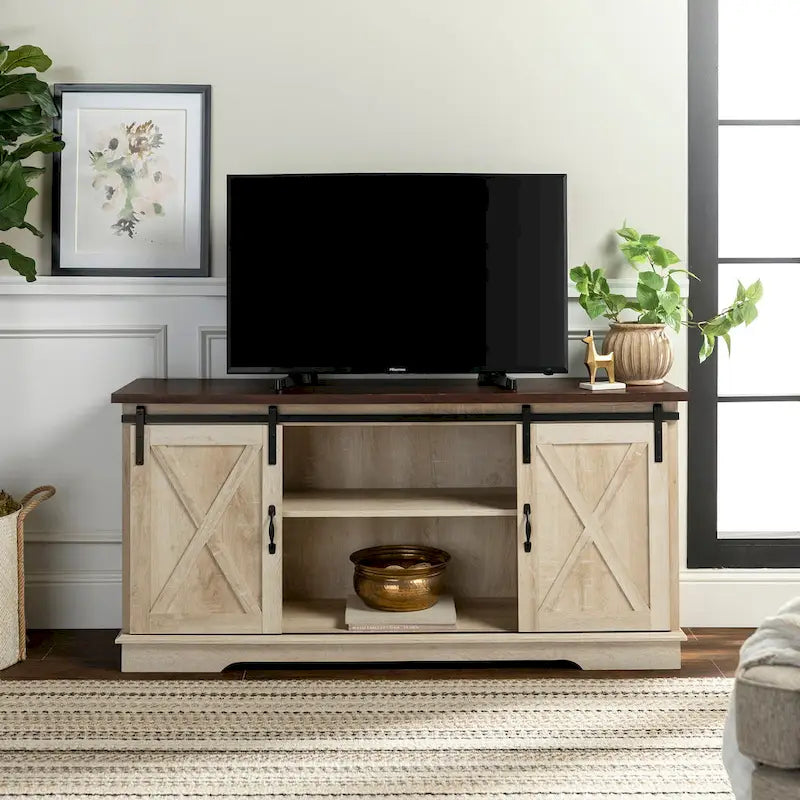 Meuble TV avec porte coulissante style grange de 58 pouces