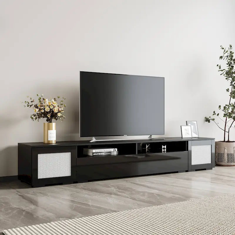 Meuble TV de 209,3 cm avec portes à ouverture par pression et lumières LED, convient aux téléviseurs jusqu'à 228,6 cm