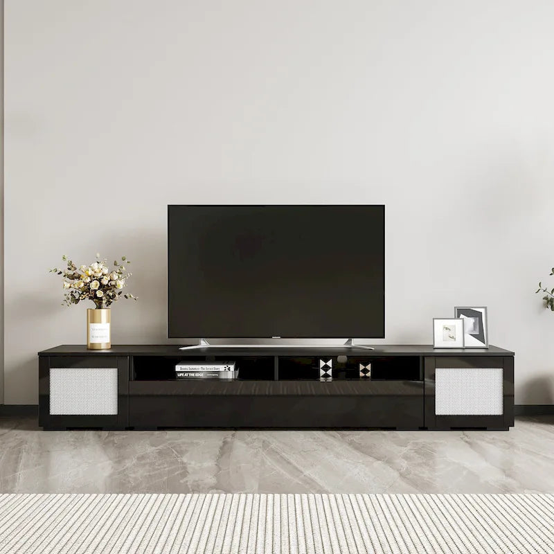 Meuble TV de 209,3 cm avec portes à ouverture par pression et lumières LED, convient aux téléviseurs jusqu'à 228,6 cm