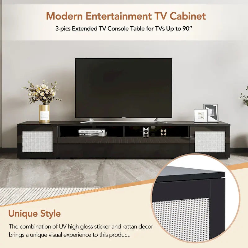 Meuble TV de 209,3 cm avec portes à ouverture par pression et lumières LED, convient aux téléviseurs jusqu'à 228,6 cm