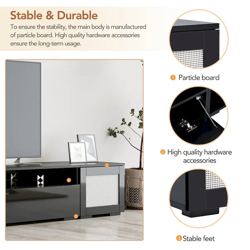 Meuble TV de 209,3 cm avec portes à ouverture par pression et lumières LED, convient aux téléviseurs jusqu'à 228,6 cm