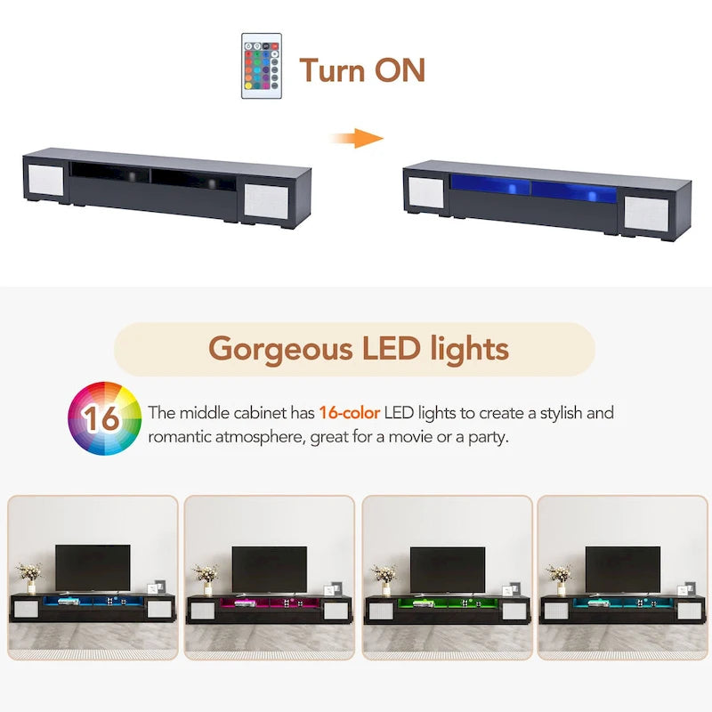 Meuble TV de 209,3 cm avec portes à ouverture par pression et lumières LED, convient aux téléviseurs jusqu'à 228,6 cm