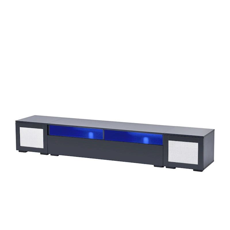 Meuble TV de 209,3 cm avec portes à ouverture par pression et lumières LED, convient aux téléviseurs jusqu'à 228,6 cm