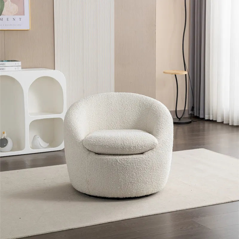 Fauteuil Bouclé Crème Blanc avec Base Pivotante à 360°