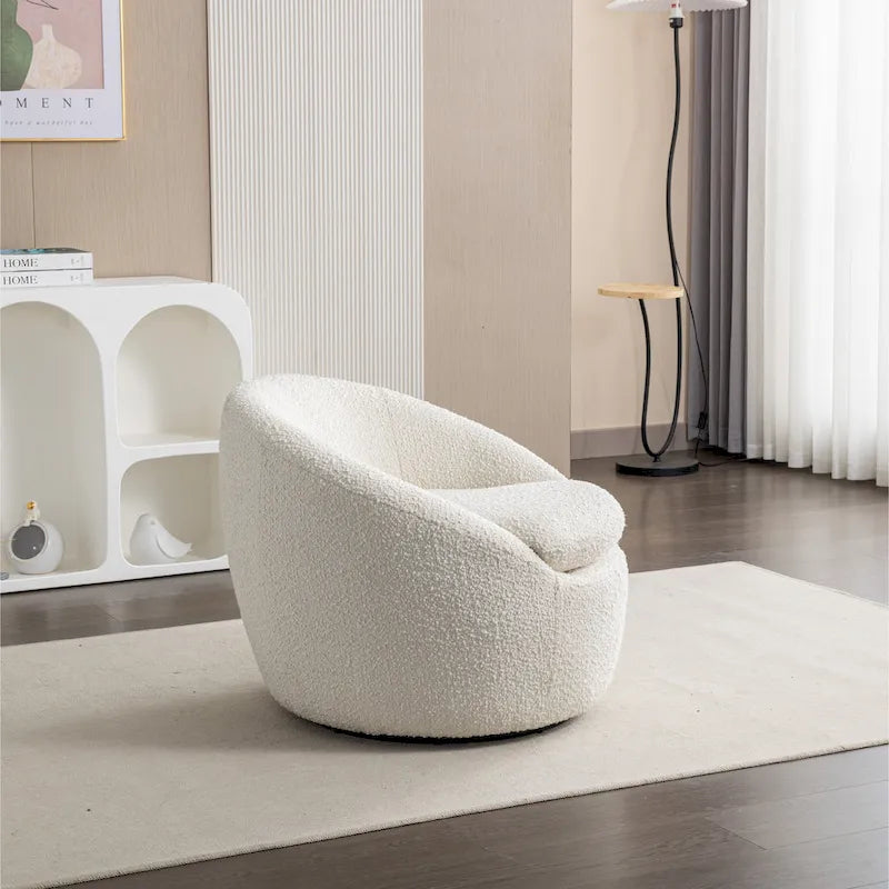 Fauteuil Bouclé Crème Blanc avec Base Pivotante à 360°