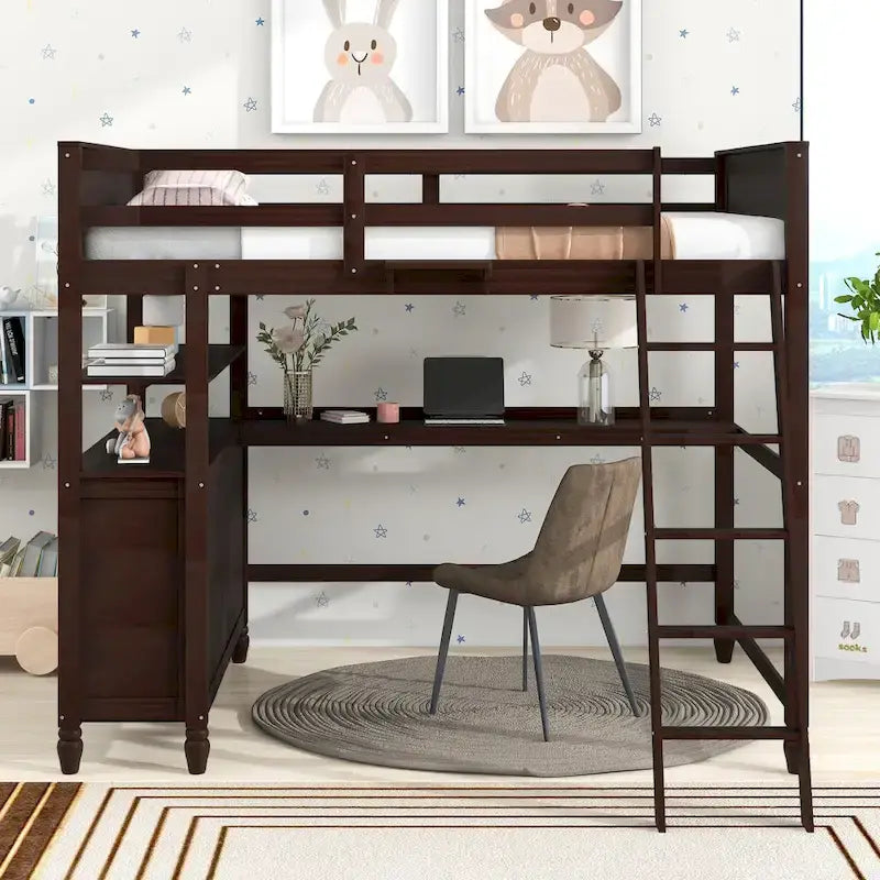 Lit mezzanine double avec tiroirs, bureau et étagères