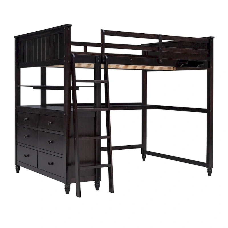 Lit mezzanine double avec tiroirs, bureau et étagères