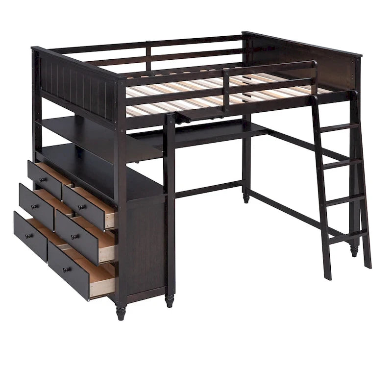 Lit mezzanine double avec tiroirs, bureau et étagères