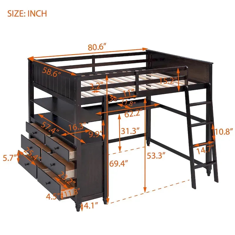 Lit mezzanine double avec tiroirs, bureau et étagères