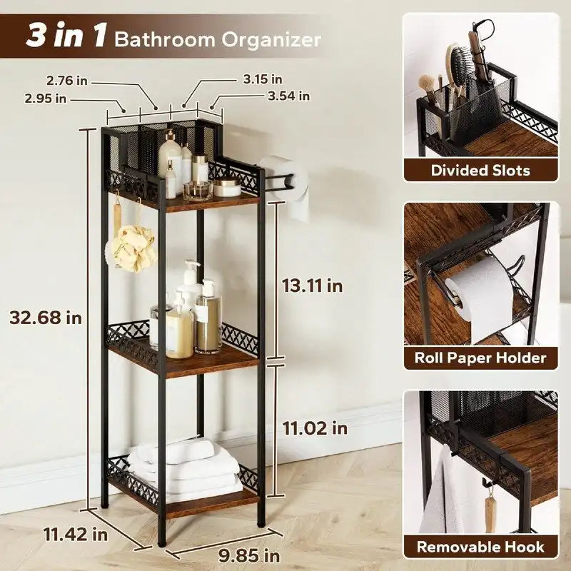 Étagère de rangement étroite à 3 niveaux avec porte-rouleau de papier toilette