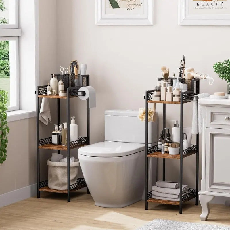 Étagère de rangement étroite à 3 niveaux avec porte-rouleau de papier toilette
