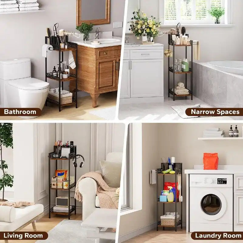 Étagère de rangement étroite à 3 niveaux avec porte-rouleau de papier toilette