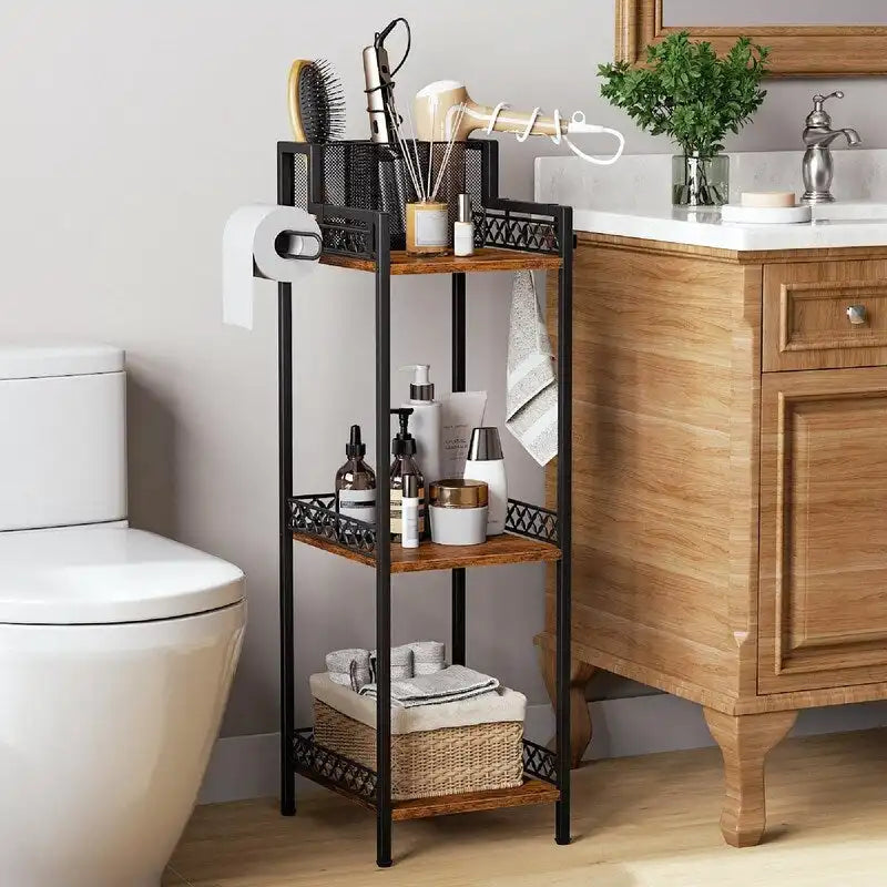 Étagère de rangement étroite à 3 niveaux avec porte-rouleau de papier toilette