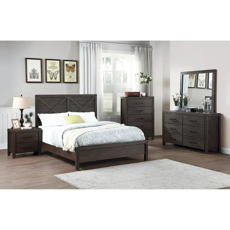 Lit Queen avec tête de lit motif X, finition Espresso