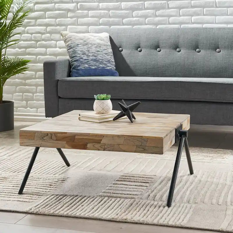 Table basse en bois de manguier avec pieds en fer en forme de V, 47,6 cm