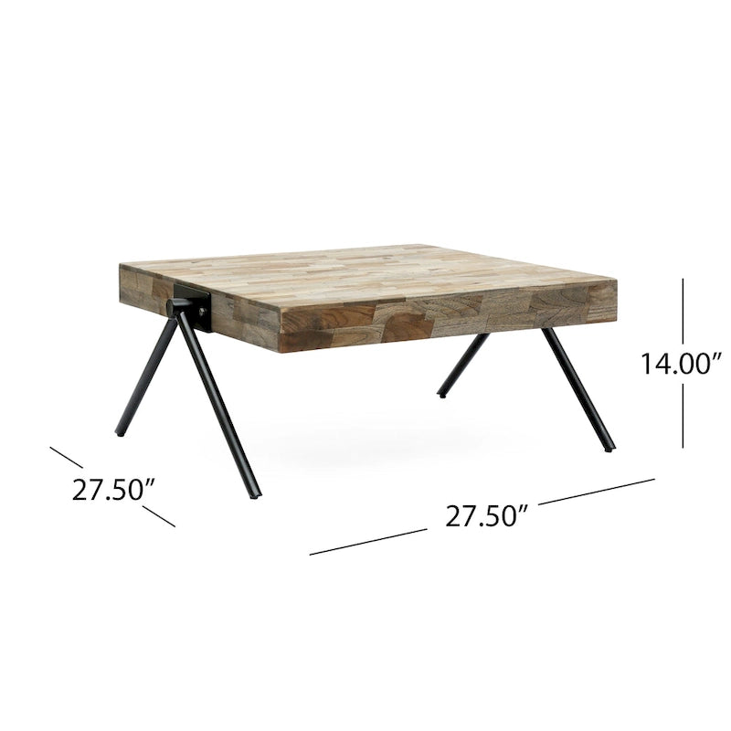 Table basse en bois de manguier avec pieds en fer en forme de V, 47,6 cm