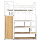 Lit mezzanine double/grand avec bureau intégré, armoire et escalier de rangement, cadre en métal avec lumière LED et grille métallique