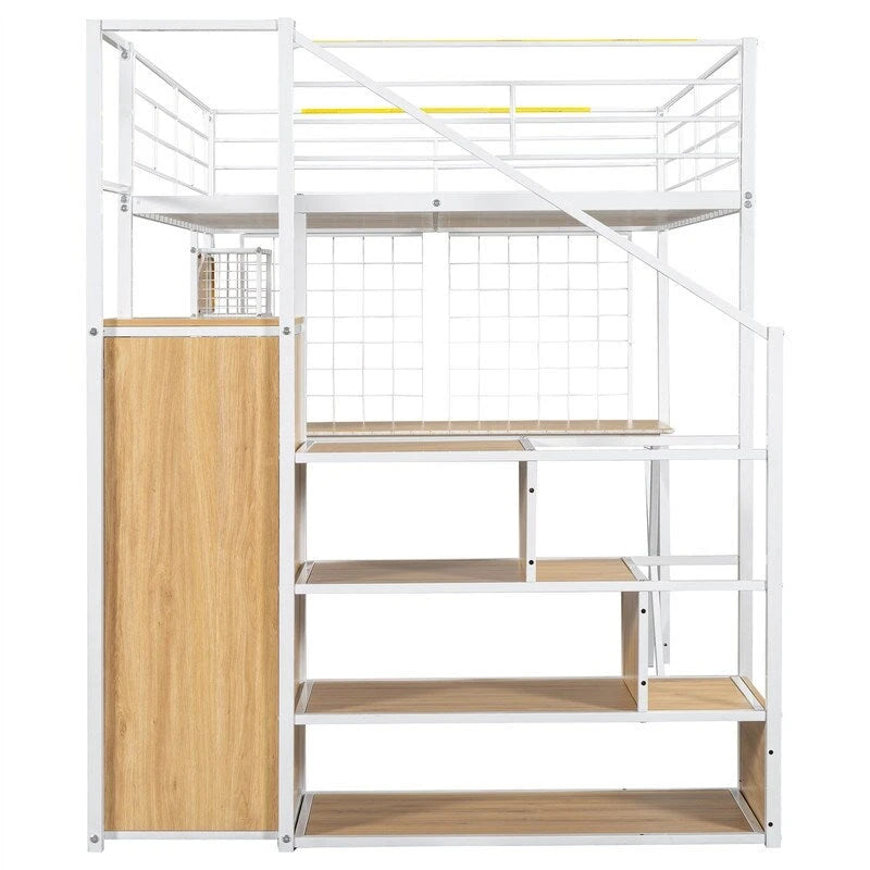 Lit mezzanine double/grand avec bureau intégré, armoire et escalier de rangement, cadre en métal avec lumière LED et grille métallique