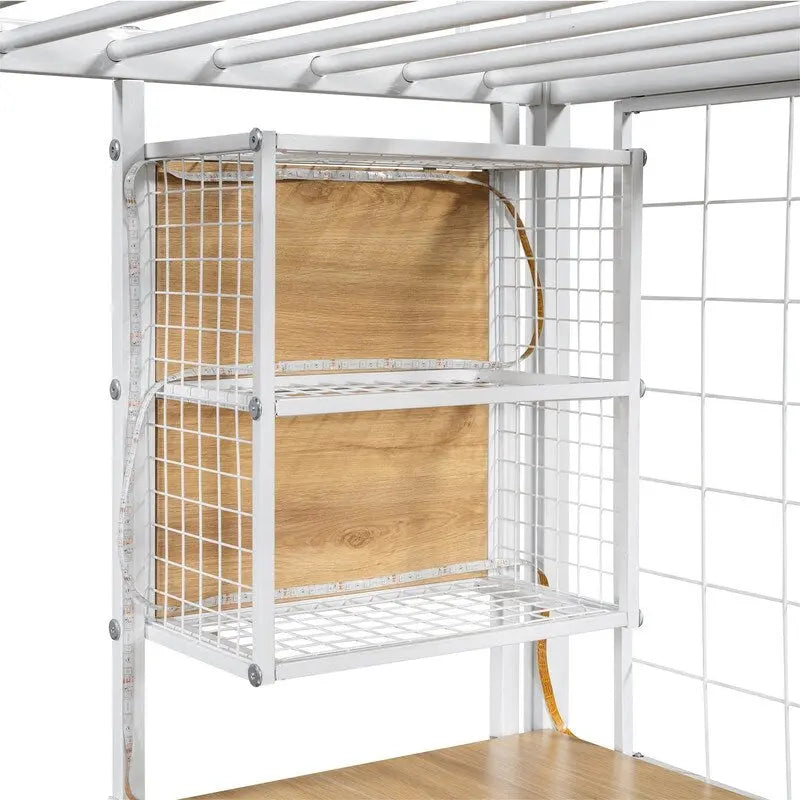 Lit mezzanine double/grand avec bureau intégré, armoire et escalier de rangement, cadre en métal avec lumière LED et grille métallique