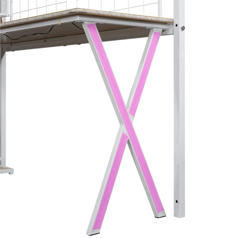 Lit mezzanine double/grand avec bureau intégré, armoire et escalier de rangement, cadre en métal avec lumière LED et grille métallique