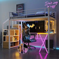 Lit mezzanine double/grand avec bureau intégré, armoire et escalier de rangement, cadre en métal avec lumière LED et grille métallique