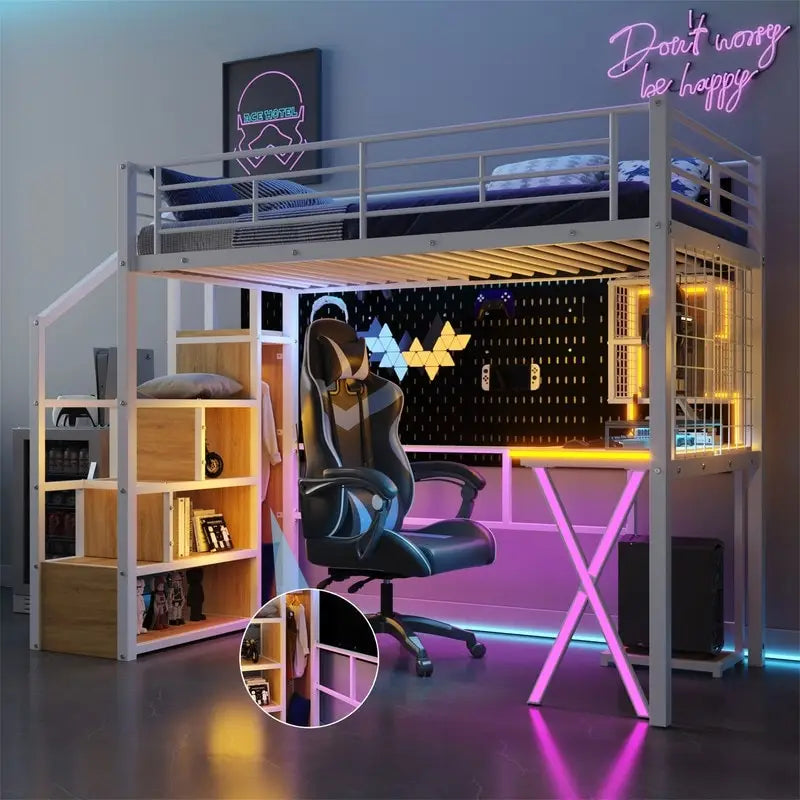 Lit mezzanine double/grand avec bureau intégré, armoire et escalier de rangement, cadre en métal avec lumière LED et grille métallique