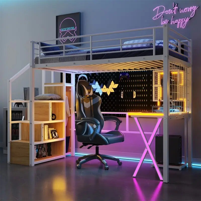 Lit mezzanine double/grand avec bureau intégré, armoire et escalier de rangement, cadre en métal avec lumière LED et grille métallique