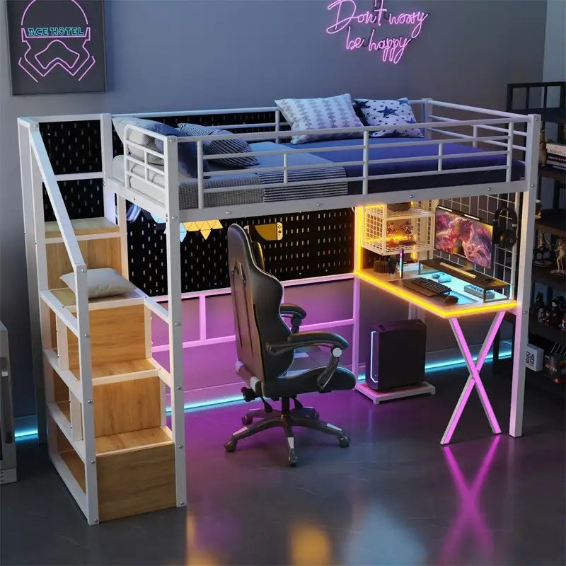 Lit mezzanine double/grand avec bureau intégré, armoire et escalier de rangement, cadre en métal avec lumière LED et grille métallique