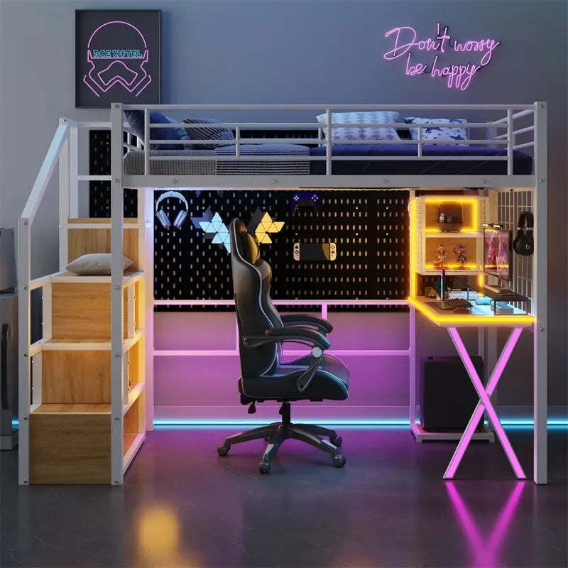 Lit mezzanine double/grand avec bureau intégré, armoire et escalier de rangement, cadre en métal avec lumière LED et grille métallique