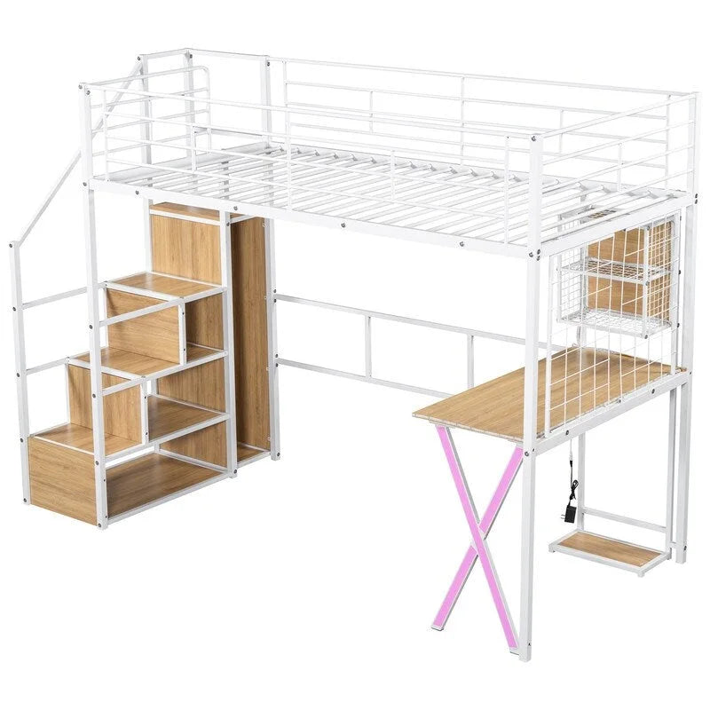 Lit mezzanine double/grand avec bureau intégré, armoire et escalier de rangement, cadre en métal avec lumière LED et grille métallique