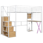 Lit mezzanine double/grand avec bureau intégré, armoire et escalier de rangement, cadre en métal avec lumière LED et grille métallique