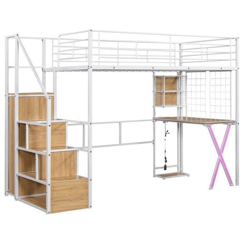 Lit mezzanine double/grand avec bureau intégré, armoire et escalier de rangement, cadre en métal avec lumière LED et grille métallique