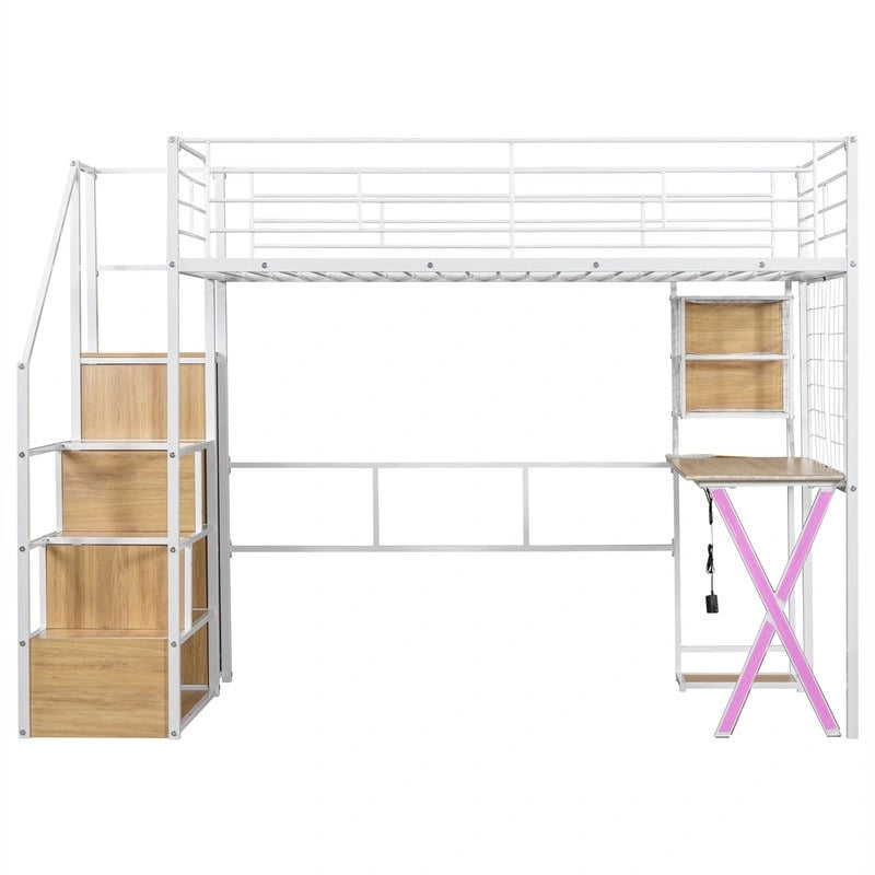Lit mezzanine double/grand avec bureau intégré, armoire et escalier de rangement, cadre en métal avec lumière LED et grille métallique
