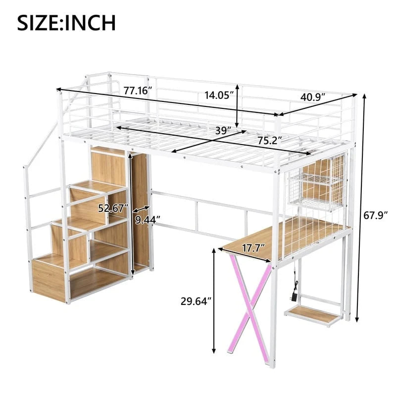 Lit mezzanine double/grand avec bureau intégré, armoire et escalier de rangement, cadre en métal avec lumière LED et grille métallique