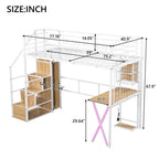 Lit mezzanine double/grand avec bureau intégré, armoire et escalier de rangement, cadre en métal avec lumière LED et grille métallique