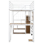 Lit mezzanine double/grand avec bureau intégré, armoire et escalier de rangement, cadre en métal avec lumière LED et grille métallique
