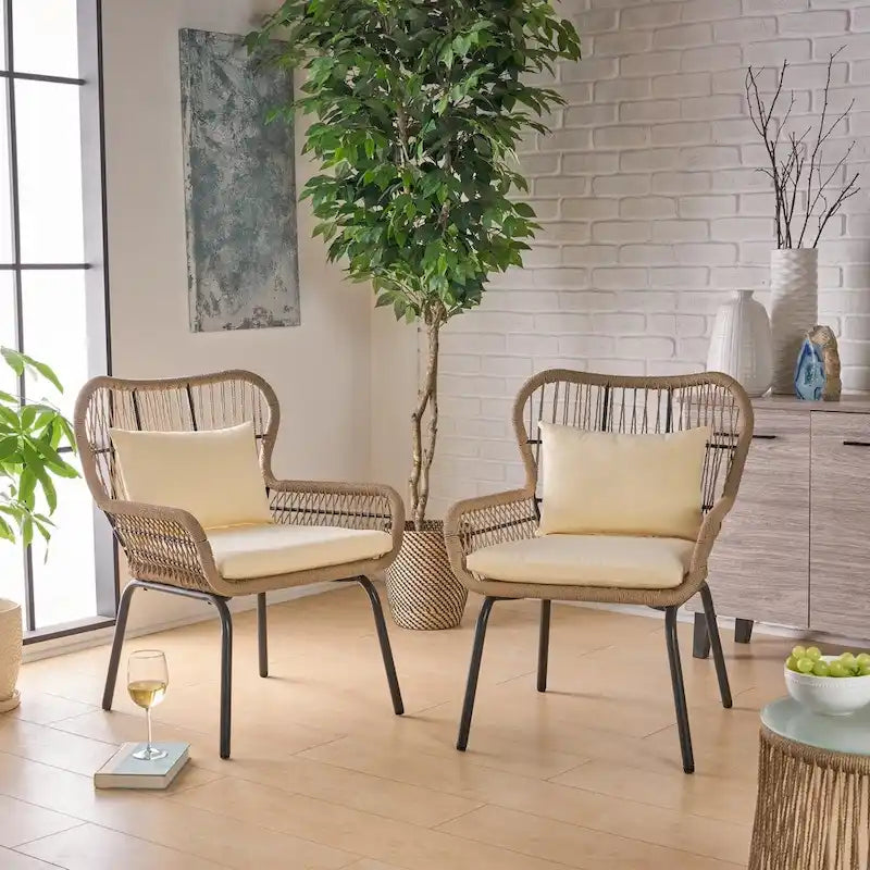 Fauteuils club d'intérieur en acier et corde avec coussins (Lot de 2)