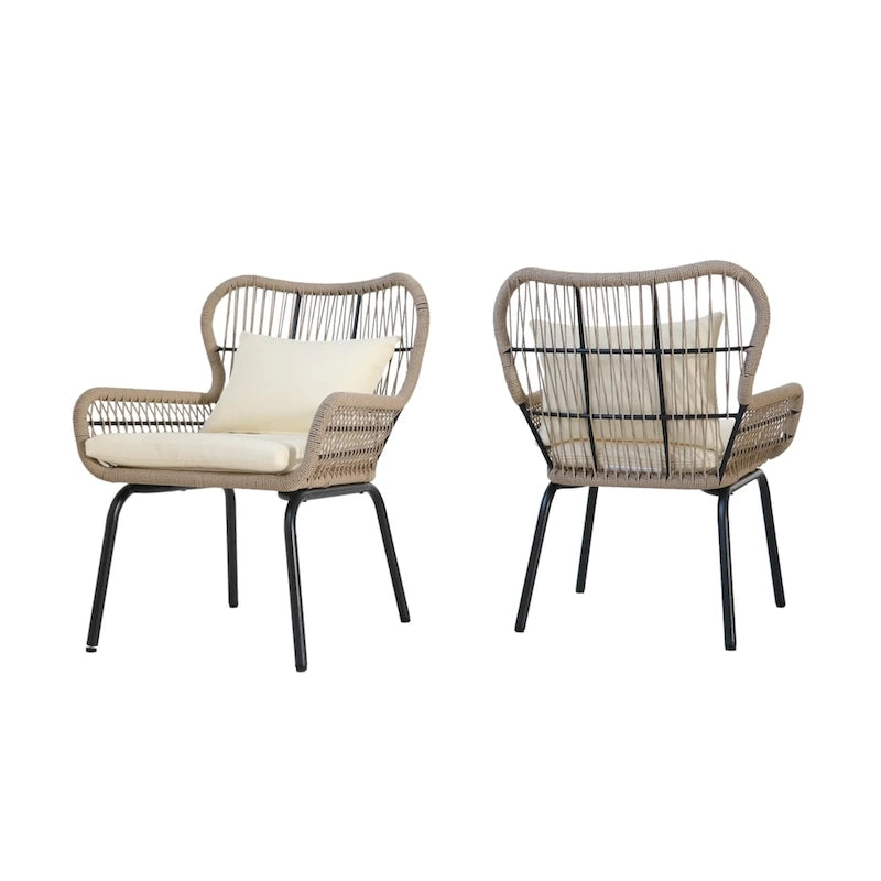 Fauteuils club d'intérieur en acier et corde avec coussins (Lot de 2)