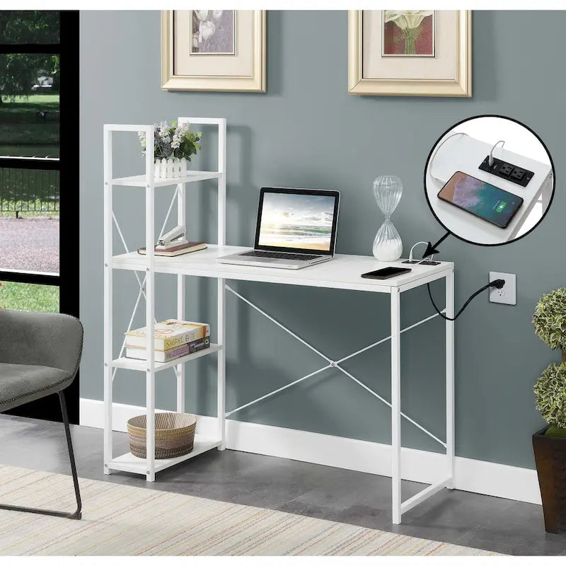 Bureau de travail avec station de charge et étagères à 4 niveaux