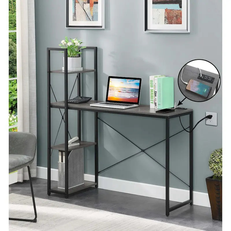 Bureau de travail avec station de charge et étagères à 4 niveaux