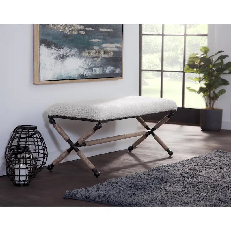 Banc double rembourré de 122 cm avec assise en tissu bouclé et base en métal