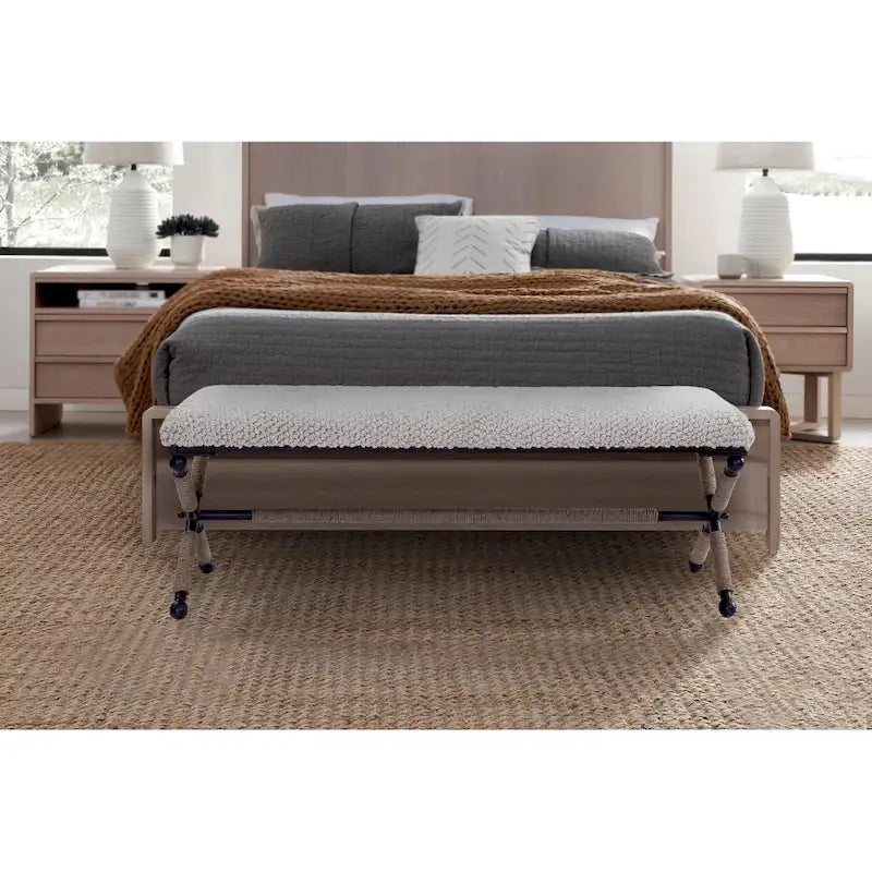 Banc double rembourré de 122 cm avec assise en tissu bouclé et base en métal