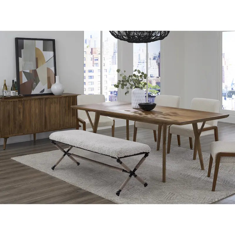 Banc double rembourré de 122 cm avec assise en tissu bouclé et base en métal