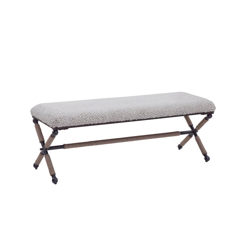 Banc double rembourré de 122 cm avec assise en tissu bouclé et base en métal