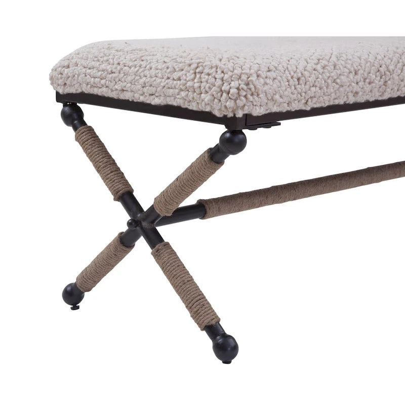Banc double rembourré de 122 cm avec assise en tissu bouclé et base en métal